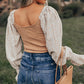 Floral Print Splicing Shirred Puff Sleeve Blouse