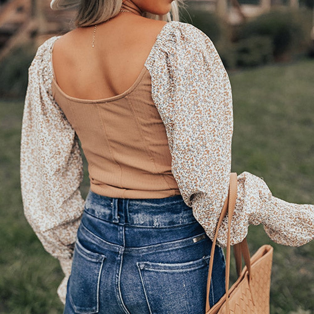 Floral Print Splicing Shirred Puff Sleeve Blouse