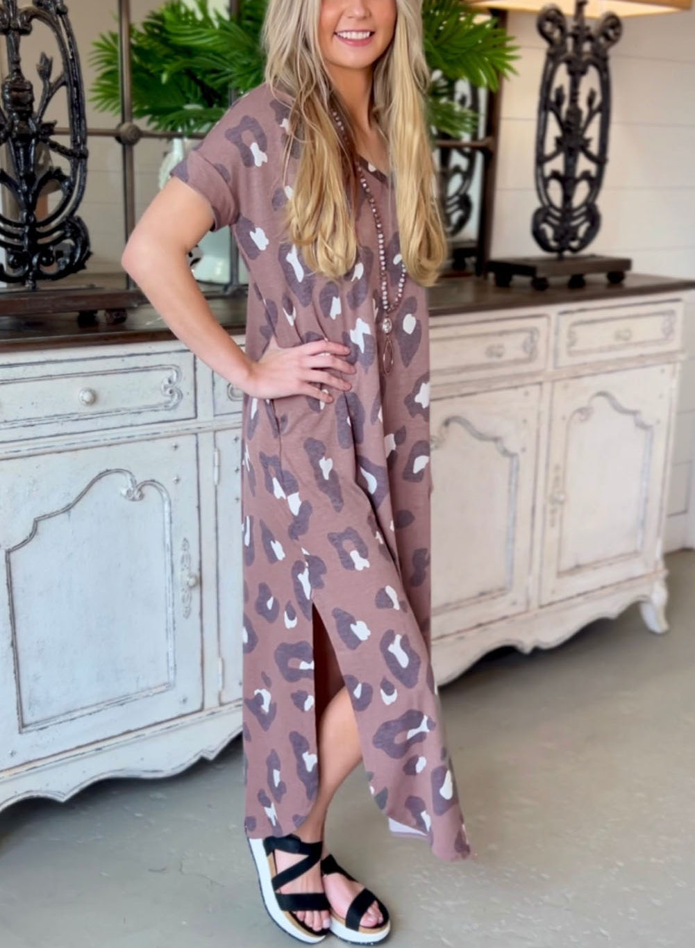 Leopard Print V Neck Long T-shirt Dress