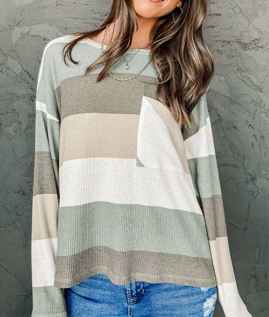 Color Block Ribbed Long Sleeve Top with Pocket