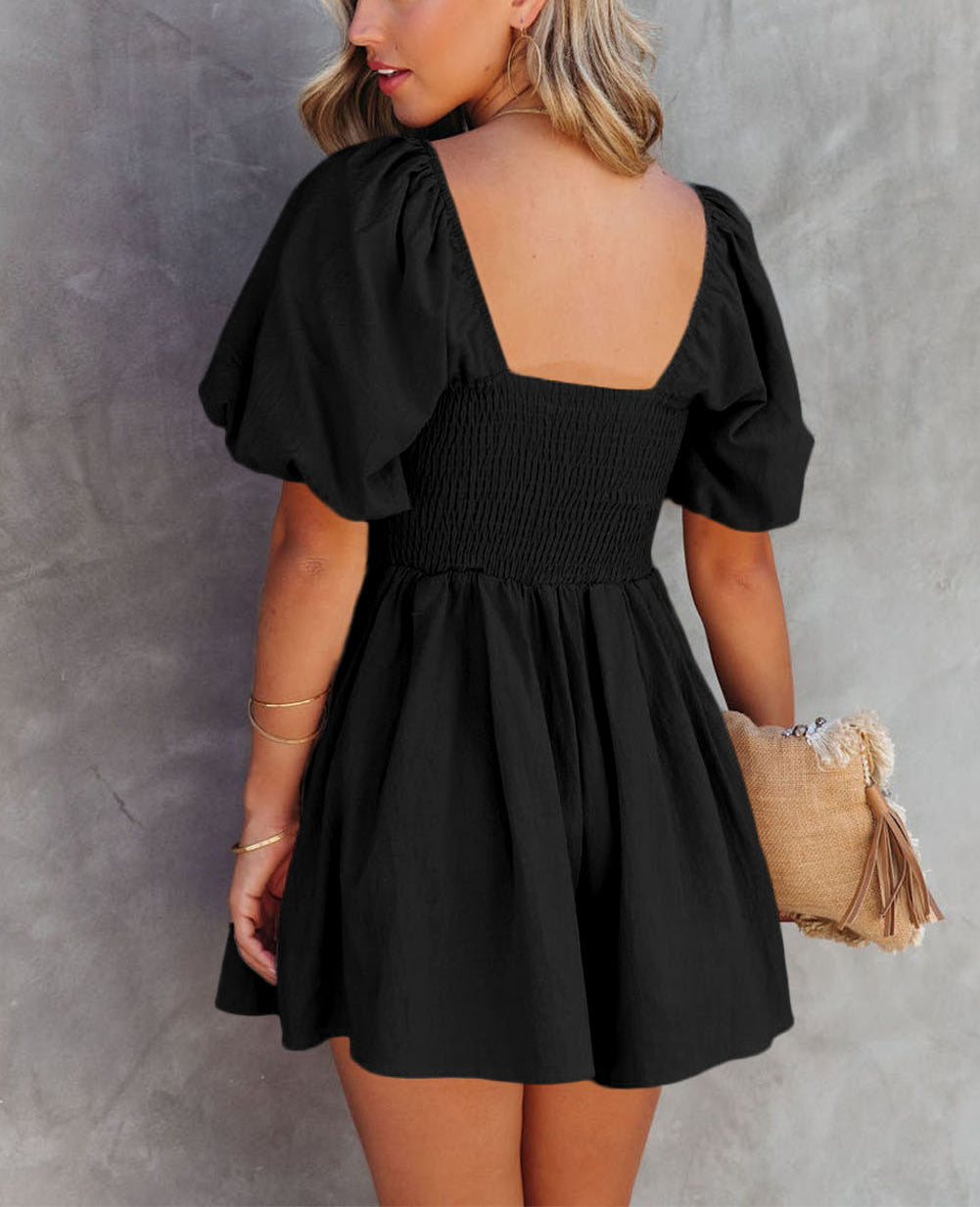 Square Neck Ruched Puff Sleeve Romper