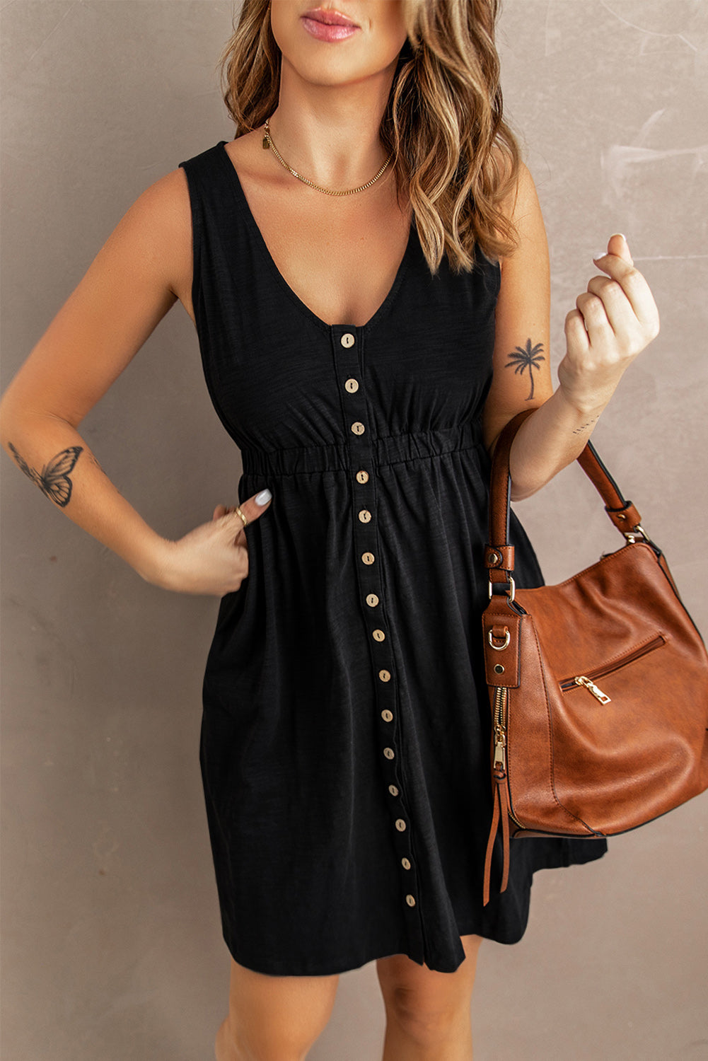 Buttons Sleeveless High Waist Mini Dress