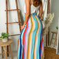 Stripe Splicing Paperwaist Spaghetti Straps Maxi Dress