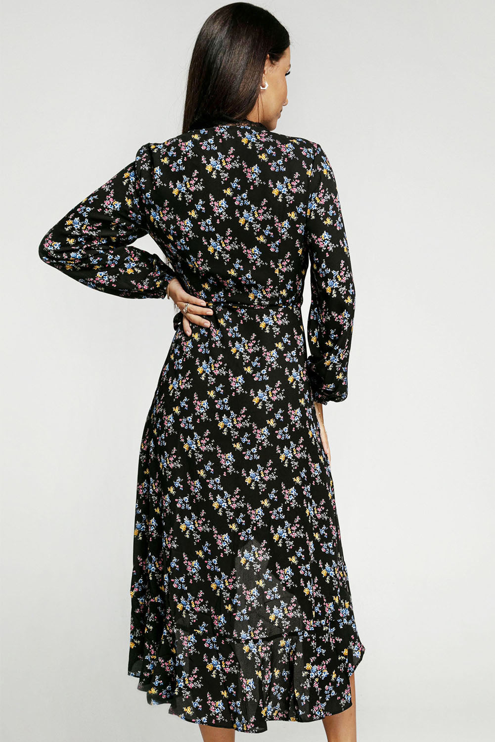 Black Wrap Eyelash V Neckline Long Sleeves Floral Dress