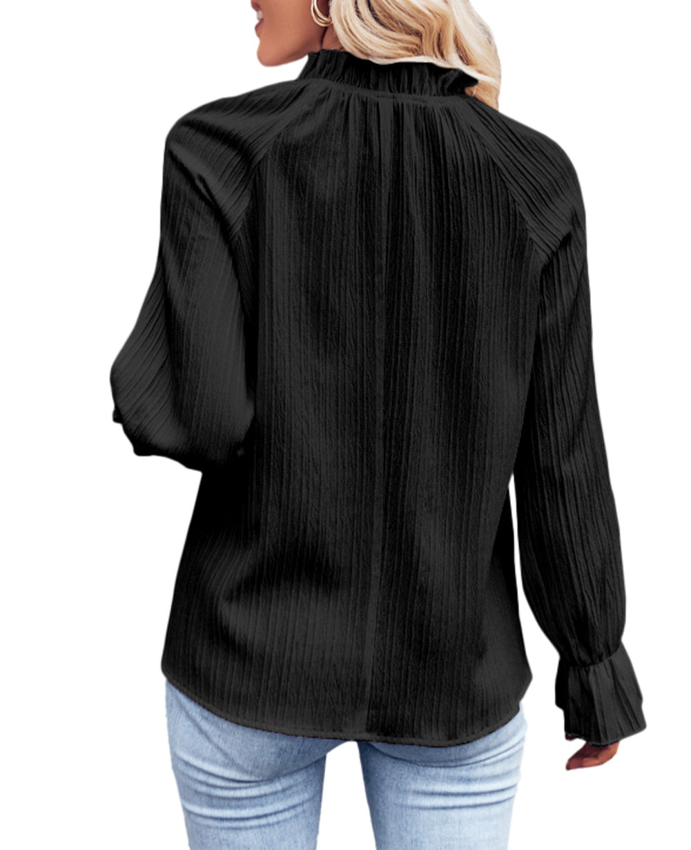 Frilled Mock Neck Ripple Bubble Sleeve Blouse