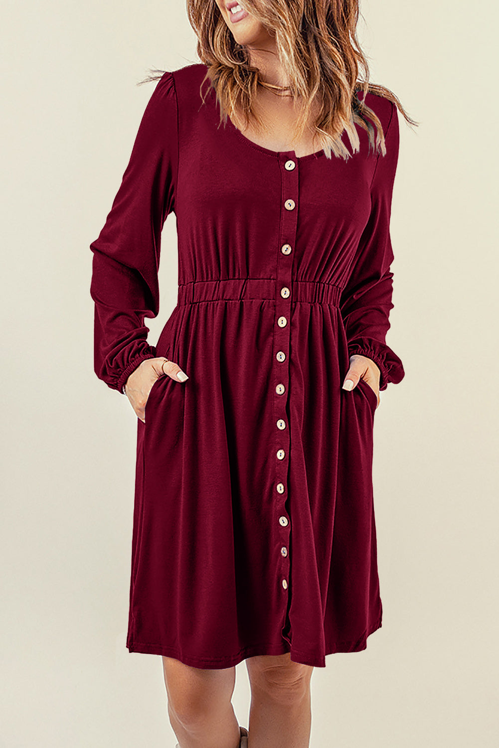 Button Up High Waist Long Sleeve Dress