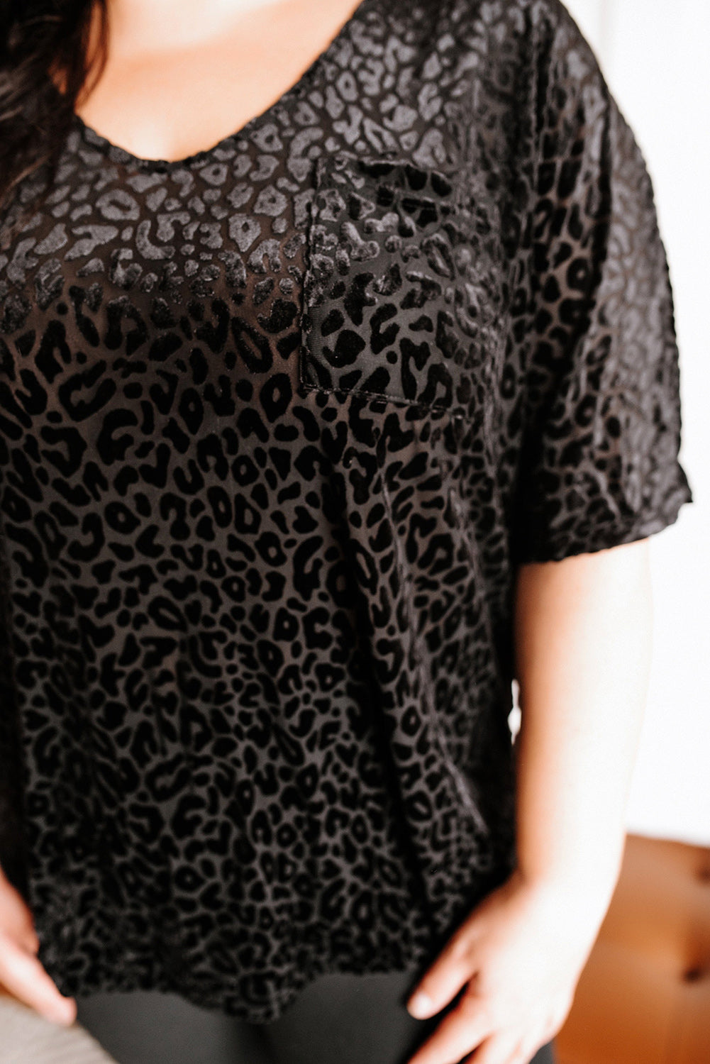 Black Plus Size Leopard Emboss V Neck Top