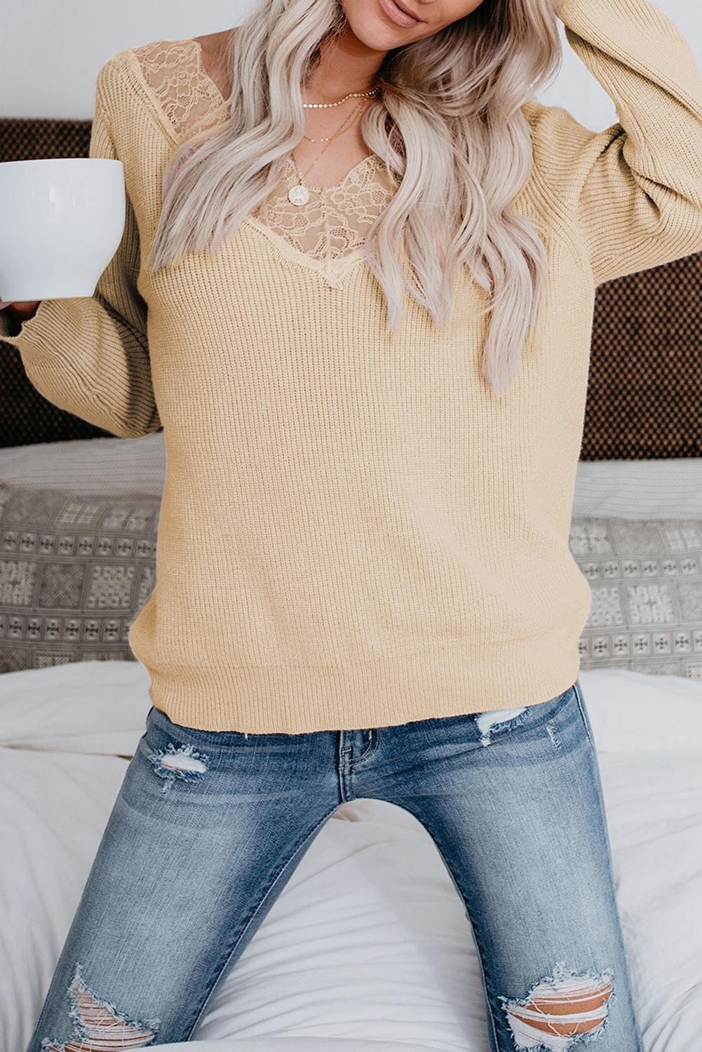Lace Collar V Neck Ribbed Sweater
