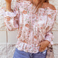 Pink Off The Shoulder Puff Sleeve Ruffled Floral Print Blouse