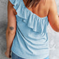 Sky Blue Ruffle One Shoulder Crinkle Tank