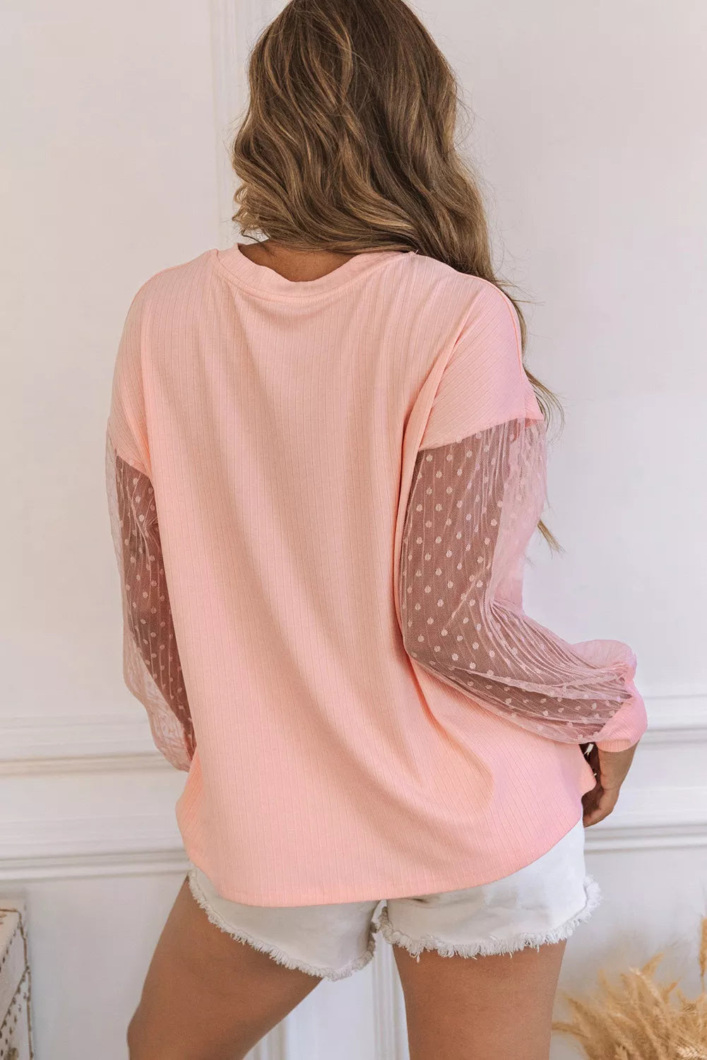 Pink Polka Dot Mesh Patchwork Long Sleeve Top