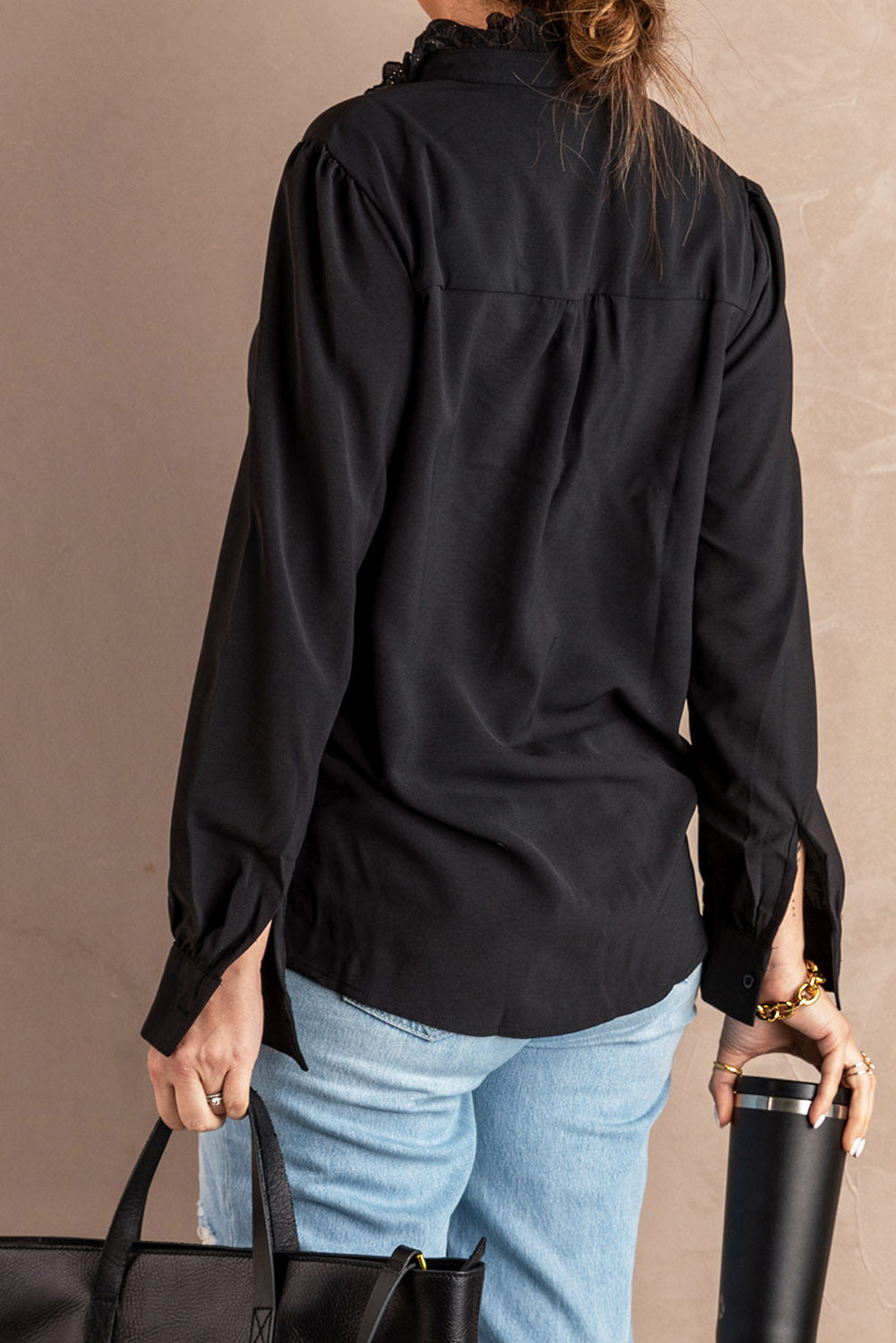 Solid Color Lace Frilled Trims Long Sleeve Shirt