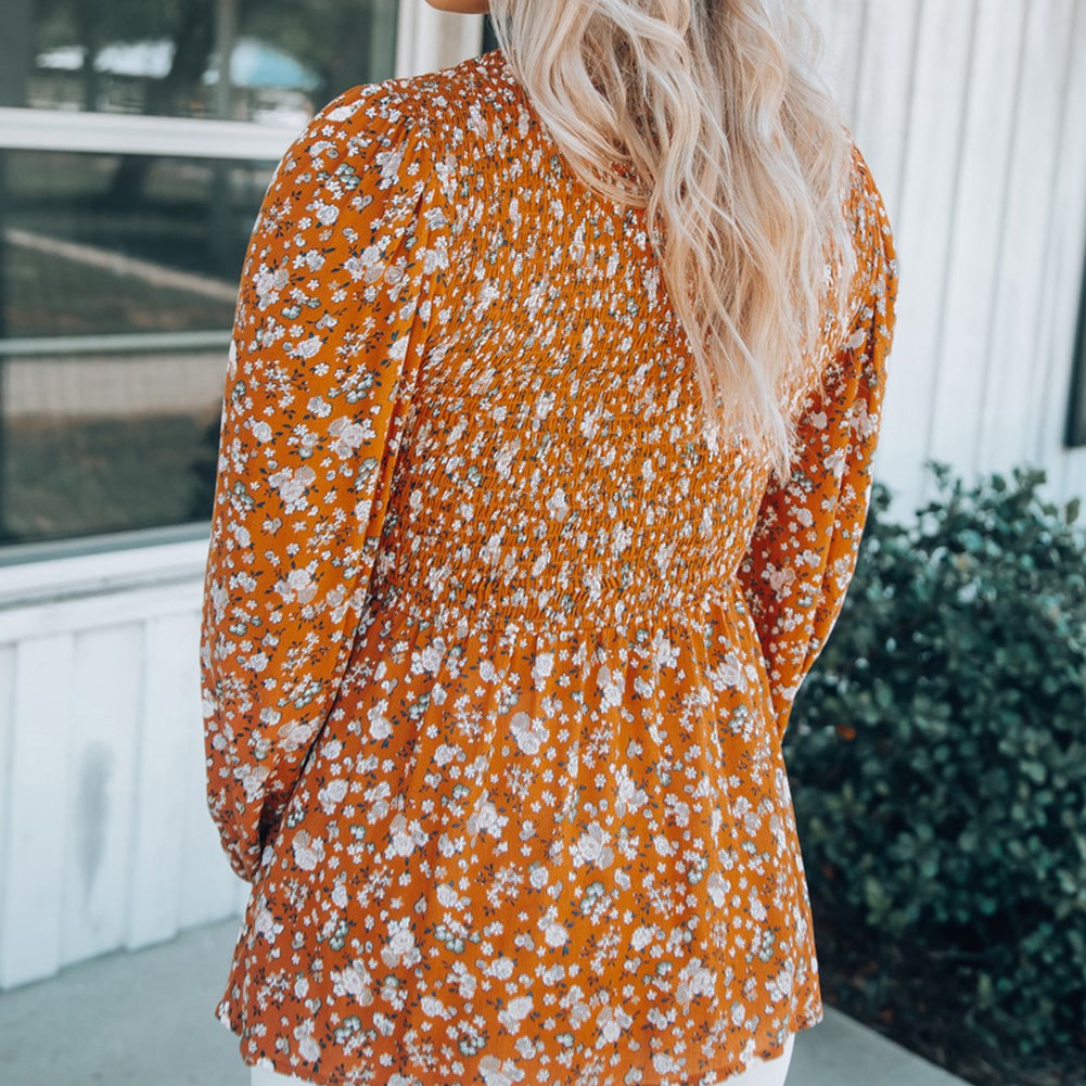 Floral Print Shirred Long Sleeve V Neck Blouse