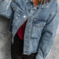 Sky Blue Elastic Hemline Acid Wash Denim Jacket