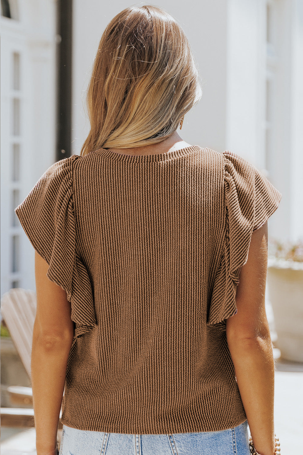 Black Ribbed Knit Ruffled Short Sleeve T Shirt