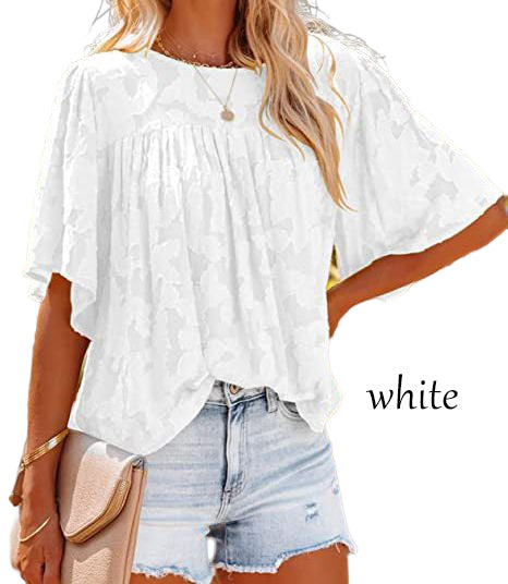 Paneled Lace Floral Flared-Sleeve Chiffon Top