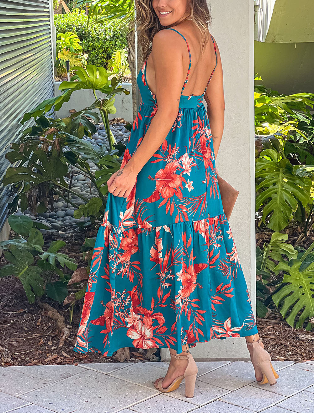 Sky Blue Strappy Open Back Floral Maxi Dress
