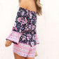 Blue Floral Patchwork High Waist Off Shoulder Romper