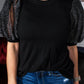 Black Metallic Puff Sleeve Crew Neck Top