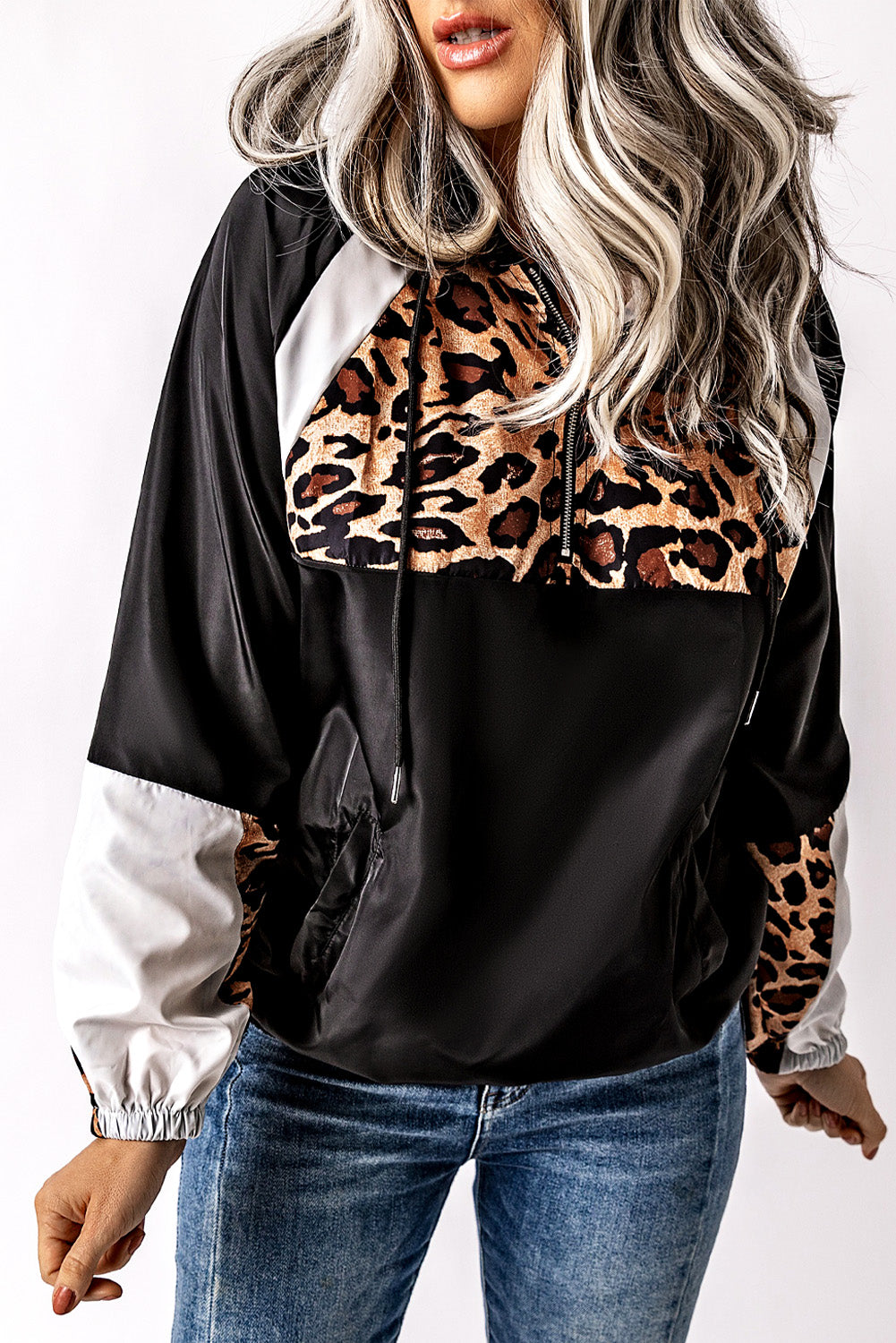 Black Leopard Print Contrast Stitching Hoodie