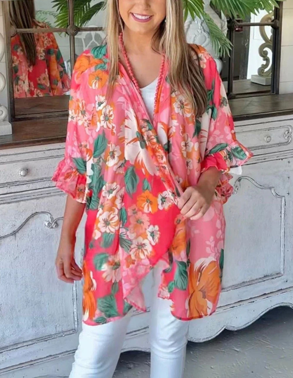 Pink Floral Print Ruffled 3/4 Sleeve Loose Fit Kimono