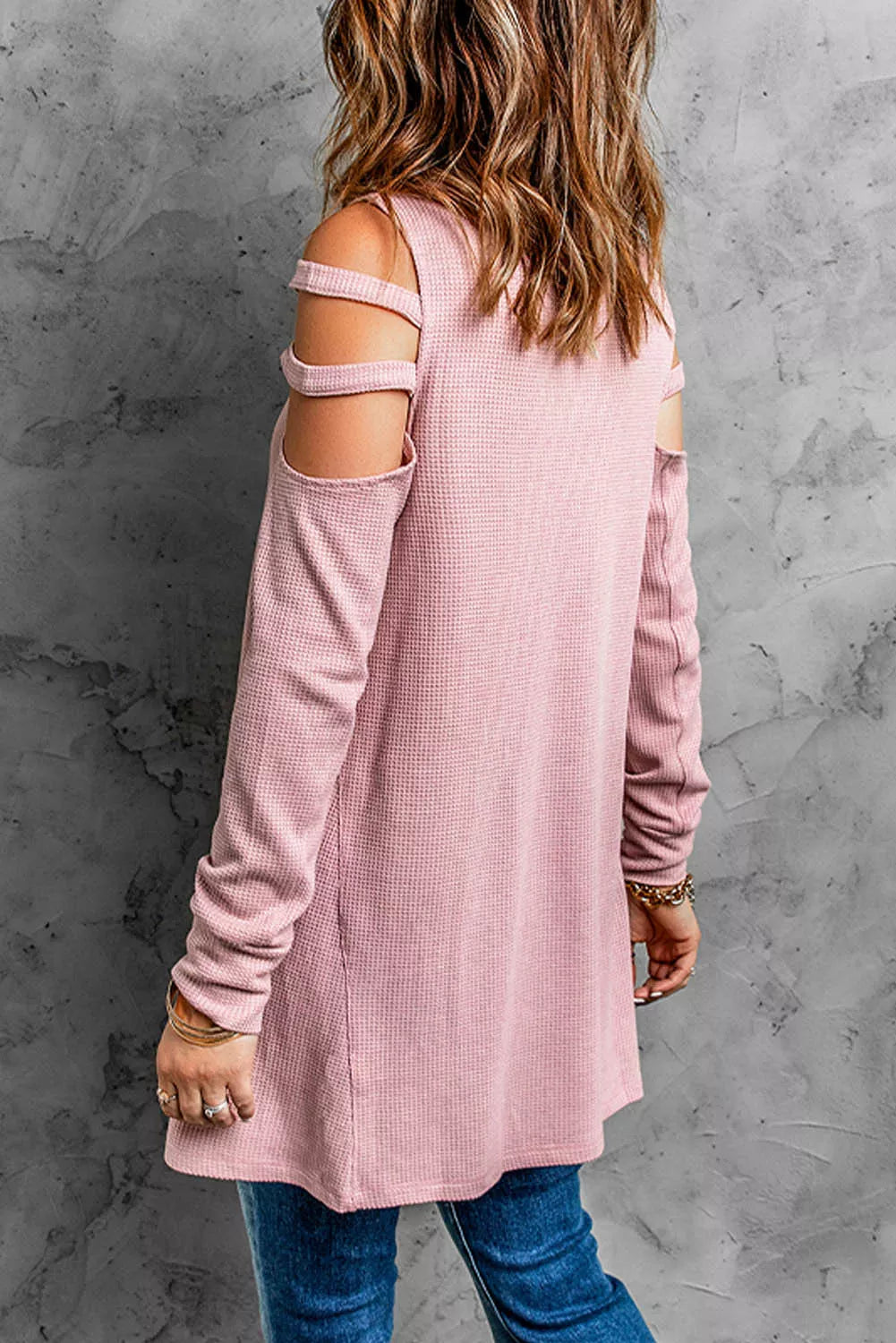 Zip Neck Cut-out Waffle Knit Long Sleeve Top