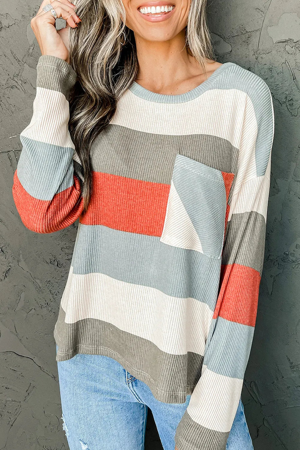 Color Block Ribbed Long Sleeve Top with Pocket