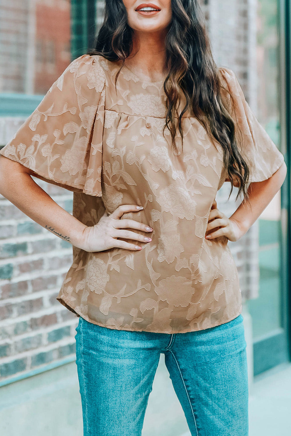 Floral Textured Ruffled Half Sleeve Babydoll Top