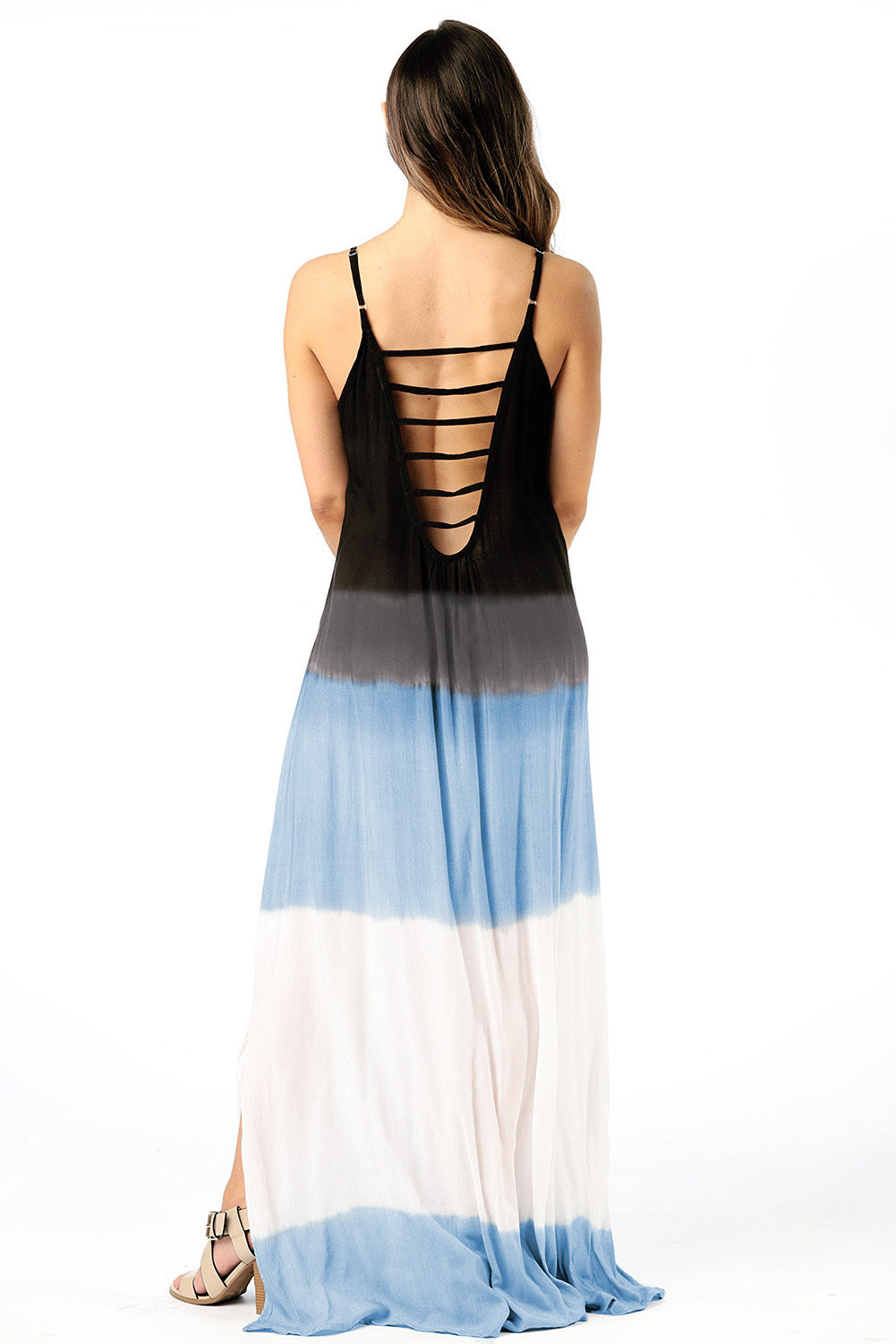 Sky Blue Spaghetti Strap Tie Dye Slit Maxi Dress