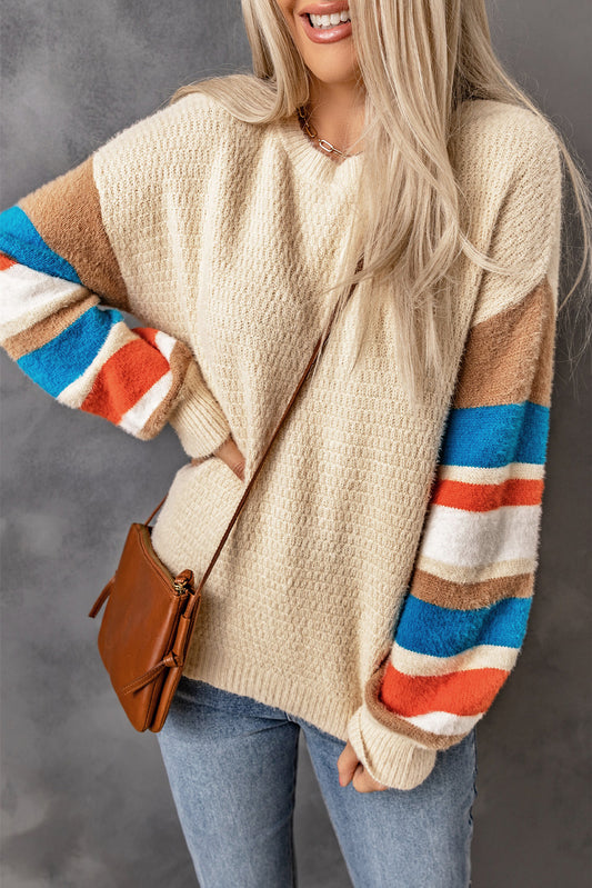 Crew Neck Lantern Sleeve Striped Color Block Sweater