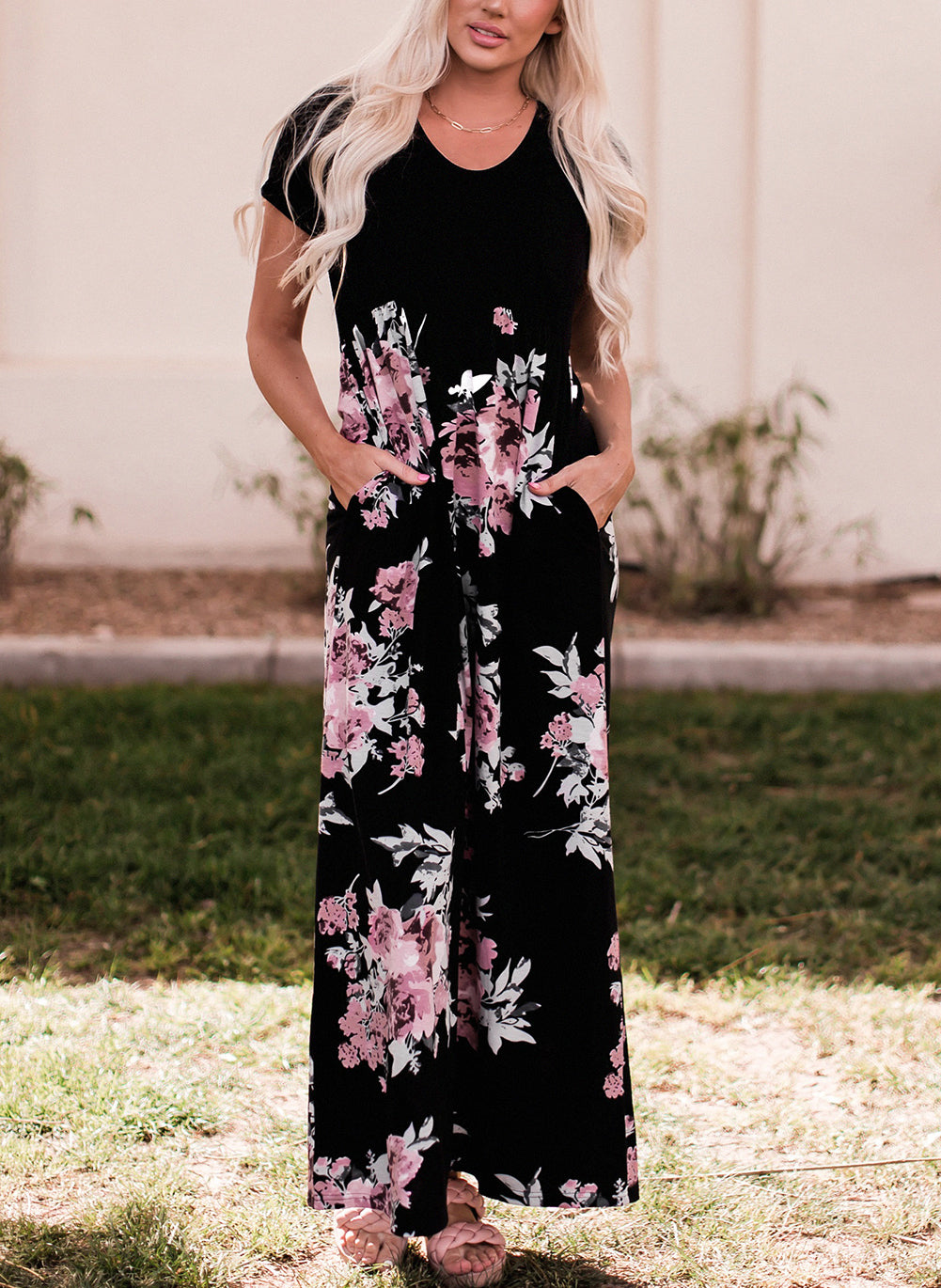 Black Contrast Floral Empire Waist Maxi Dress