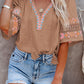 Tassel Drawstring Embroidered Half Sleeve V Neck Top