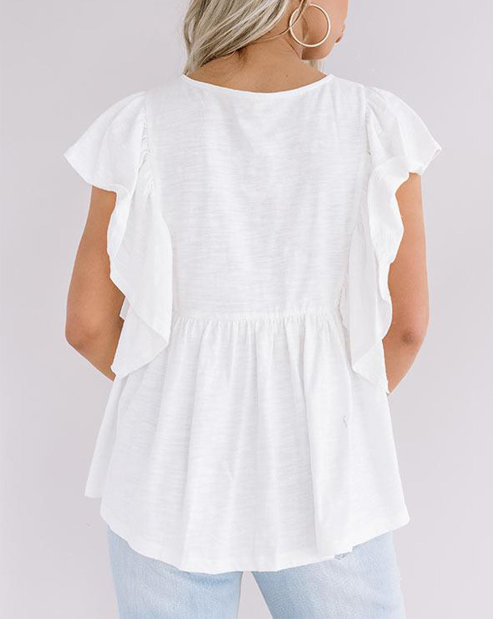 White Floral Embroidered Ruffled Lace-up V Neck Top