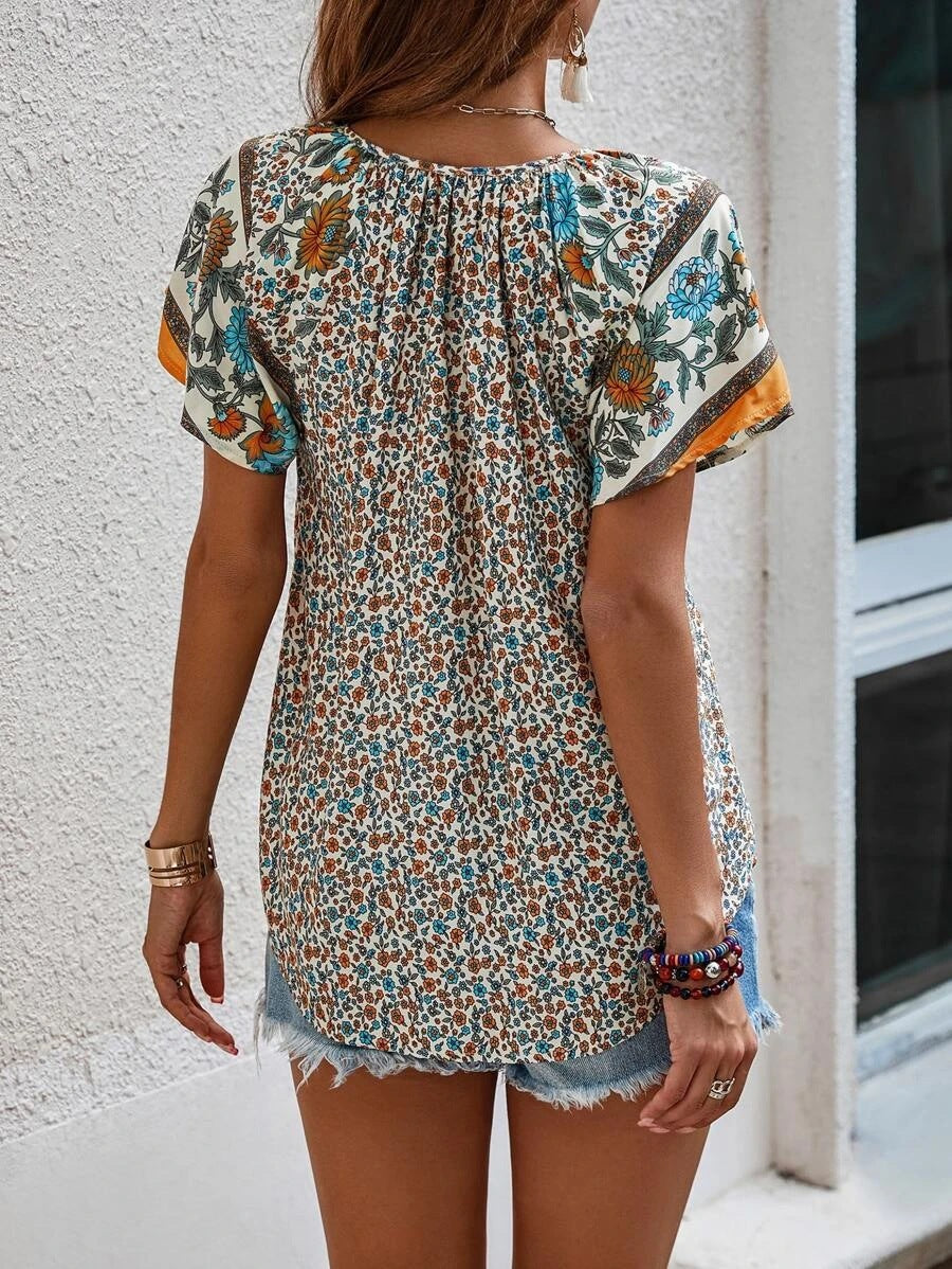 Bohemian style V-neck loose fitting blouse