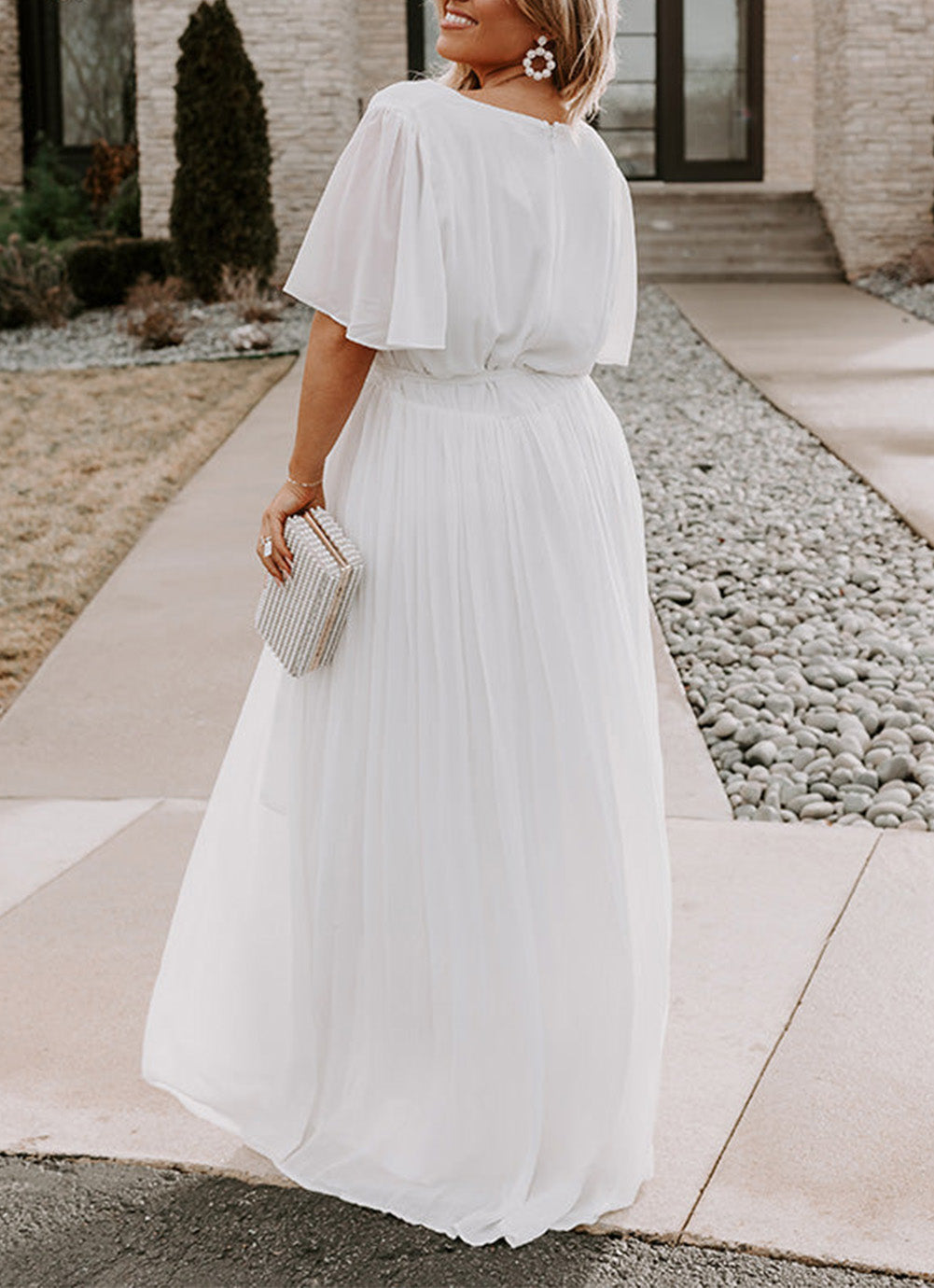 White Wrap V Neck Belted Plus Size Flowy Maxi Dress