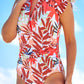 Orange Zipped Front Flutter Sleeves Ruched Tropical One-piece Swimsuit