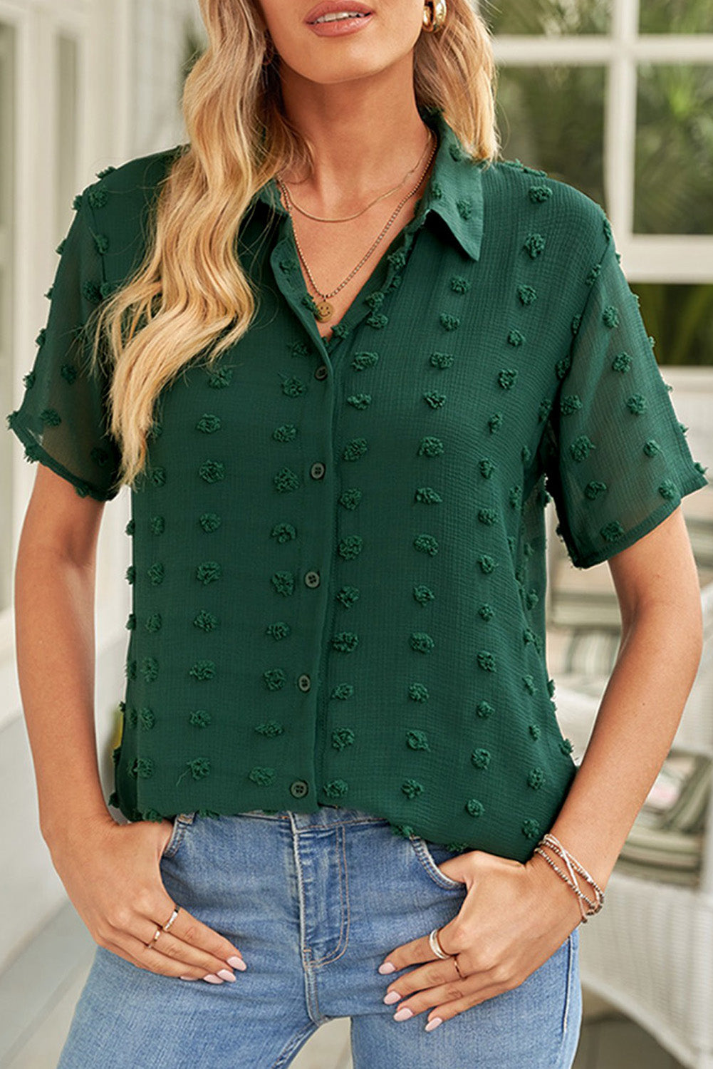 Buttoned Swiss Dot Turn-down Collar Short Sleeve Shirt