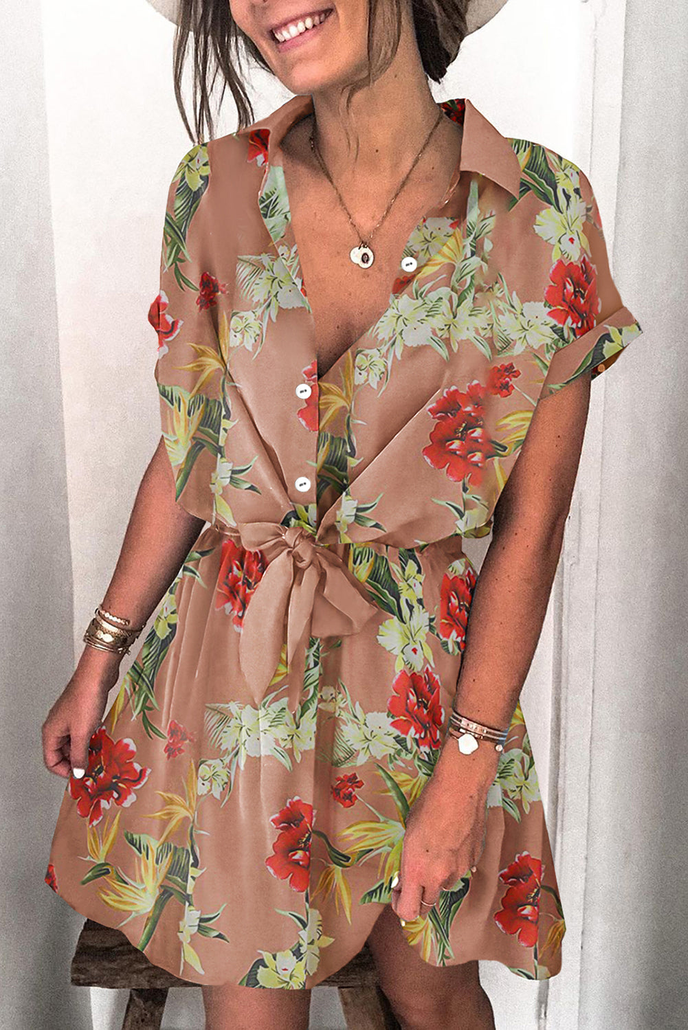 Dot Shirt Collar Short Sleeve Mini Dress