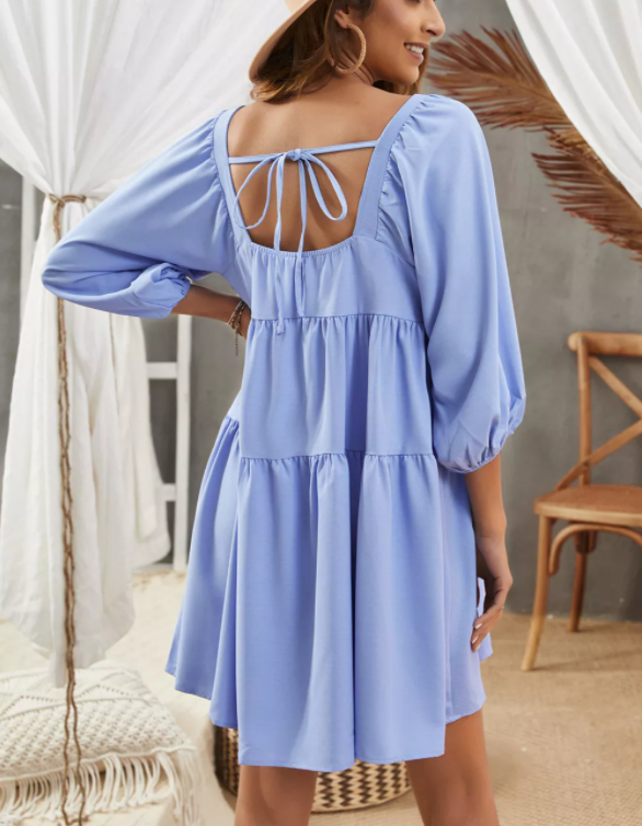 Square Neck Half Sleeve High Low Mini Dress