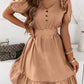 Brown V-Neck Ruffle Buttoned Midi Dress