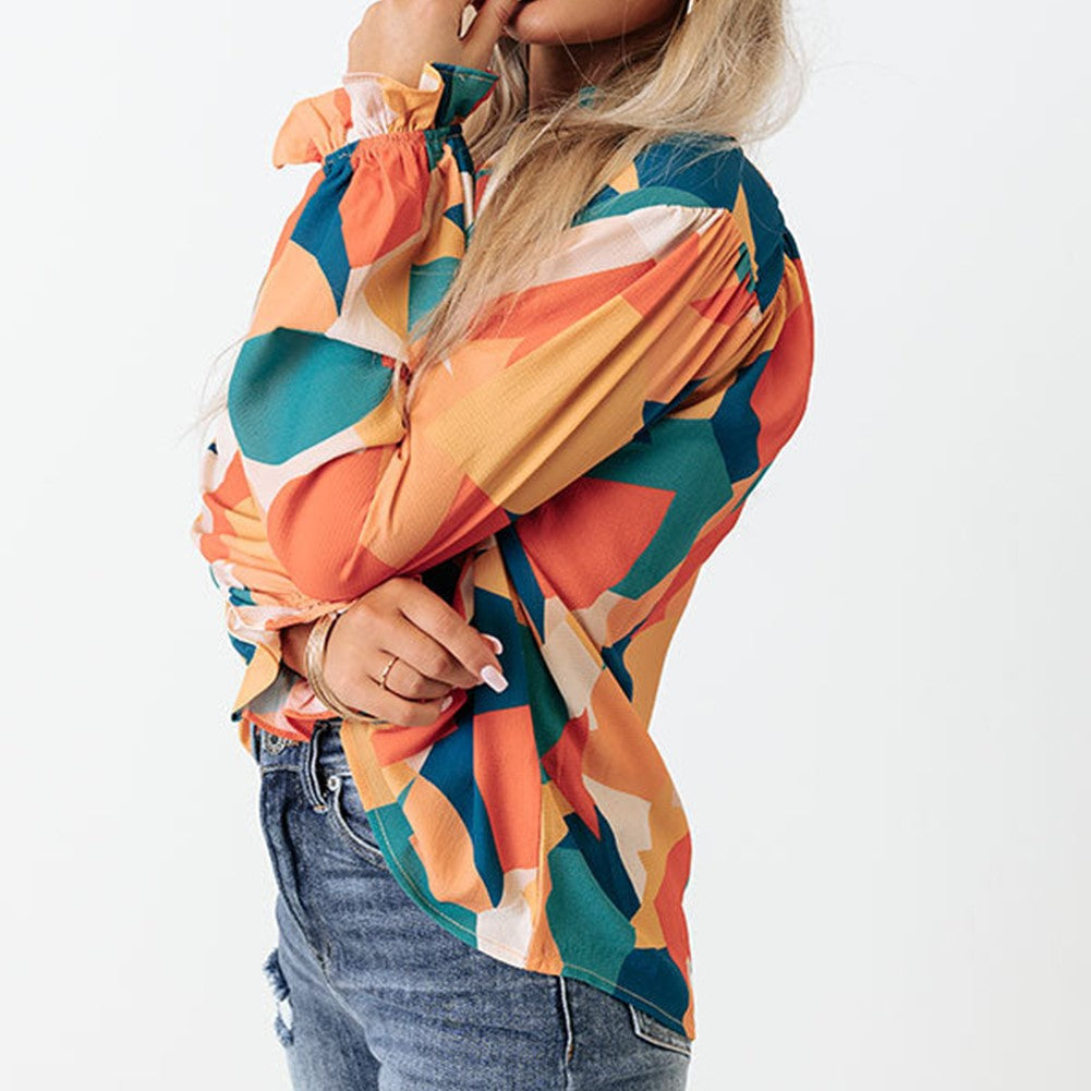 Geometric Patchwork Print Half Buttoned Blouse