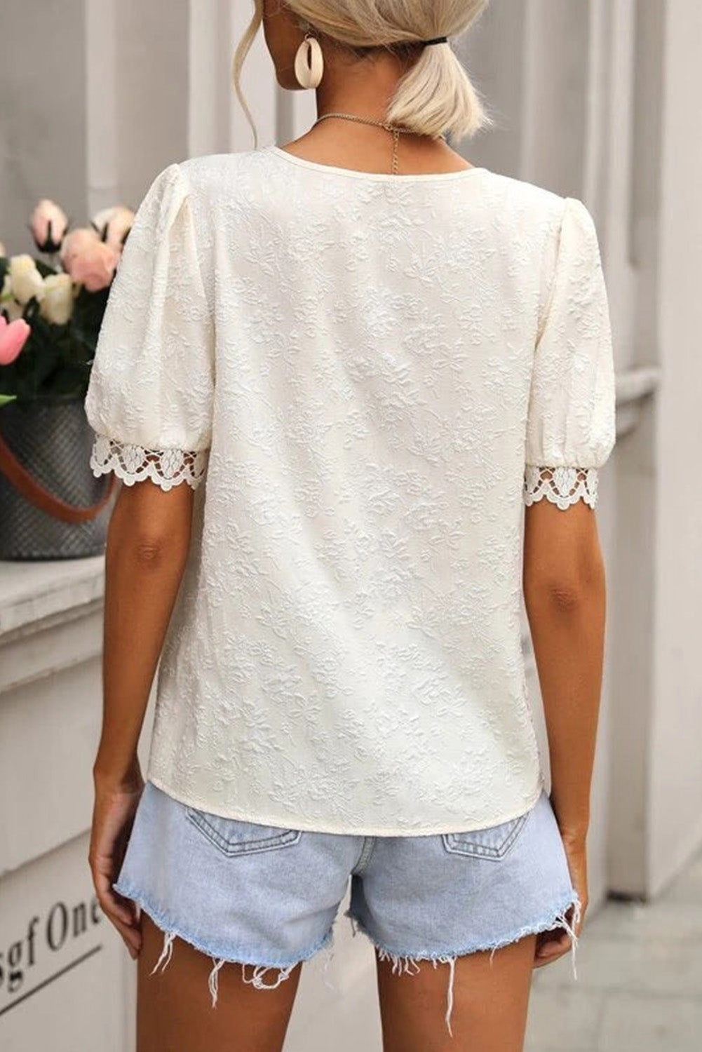 Lace Jacquard Short Sleeve V Neck Casual Shirt