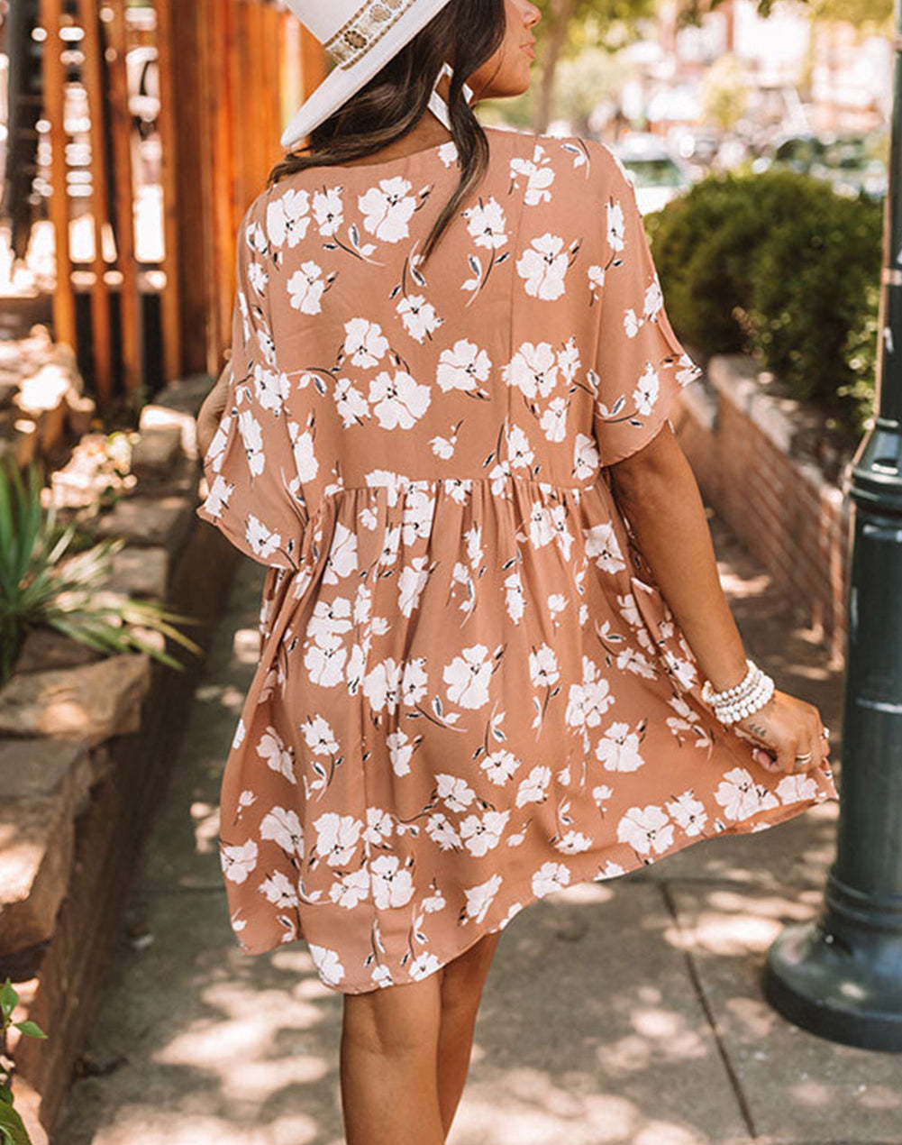 Khaki V Neck Floral Babydoll Dress with Pockets