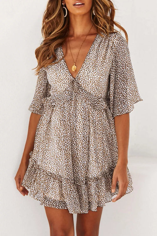 Black Leopard Print Ruffles Half Sleeve Dress