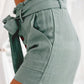 Green Button Fly Belted Paperbag Waist High Waist Casual Shorts
