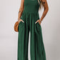 Green Smocked Sleeveless Wide Leg Jumpsuit with Pockets