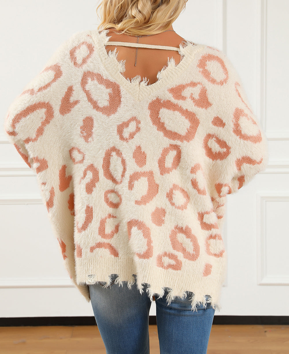 Animal Print Distressed Trim Fuzzy Sweater
