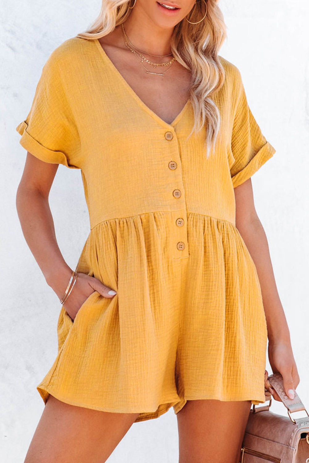 Yellow Button V Neck Crinkle Pocketed Romper
