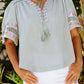 Tassel Drawstring Embroidered Half Sleeve V Neck Top