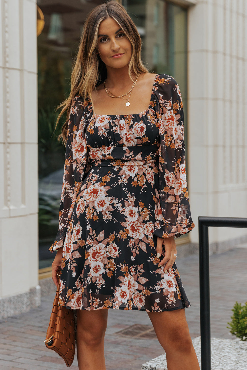 Black Floral Print Tie Back Mini Dress